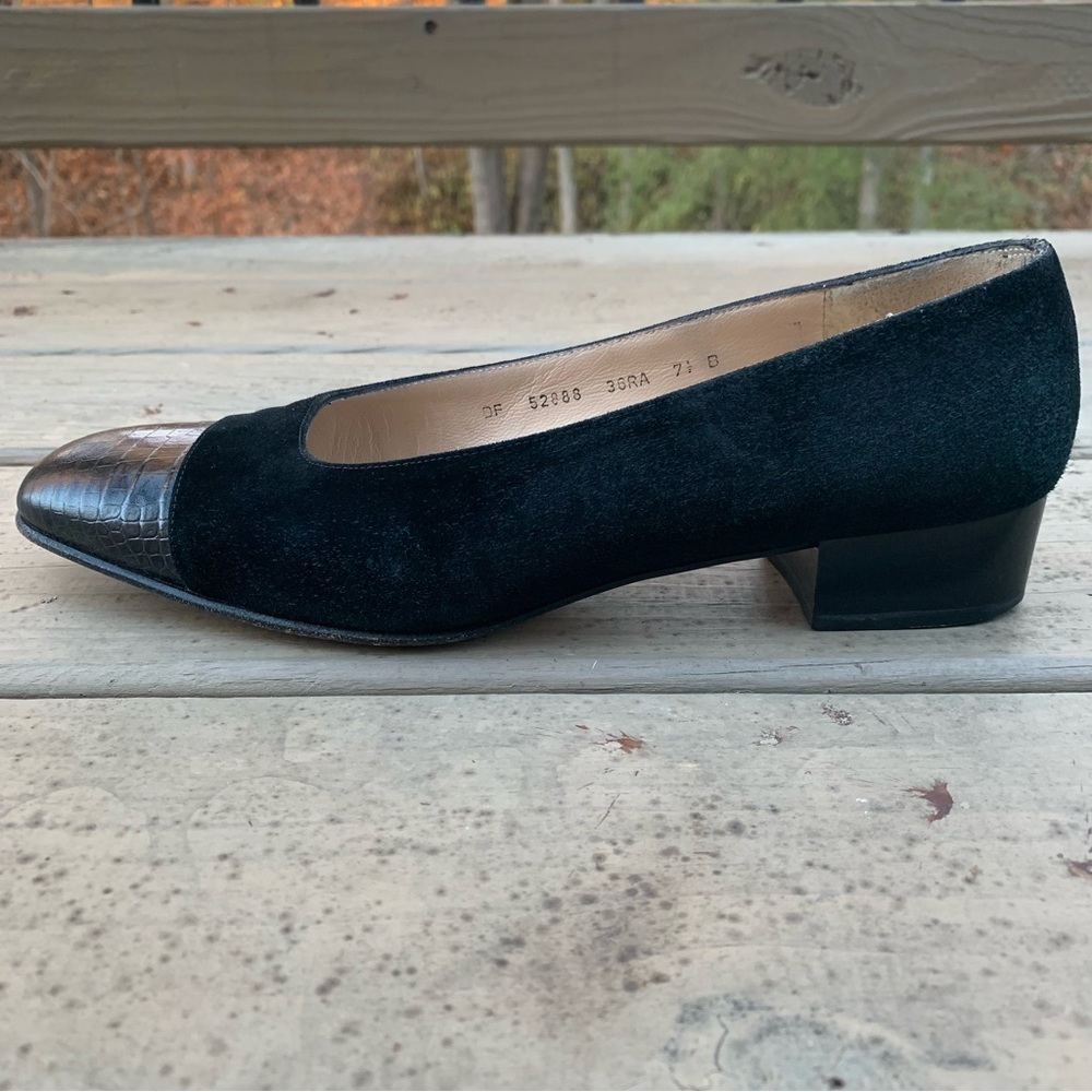 Salvatore Ferragamo black embossed leather cap toe and suede shoes size 7.5 B - Picture 11 of 15